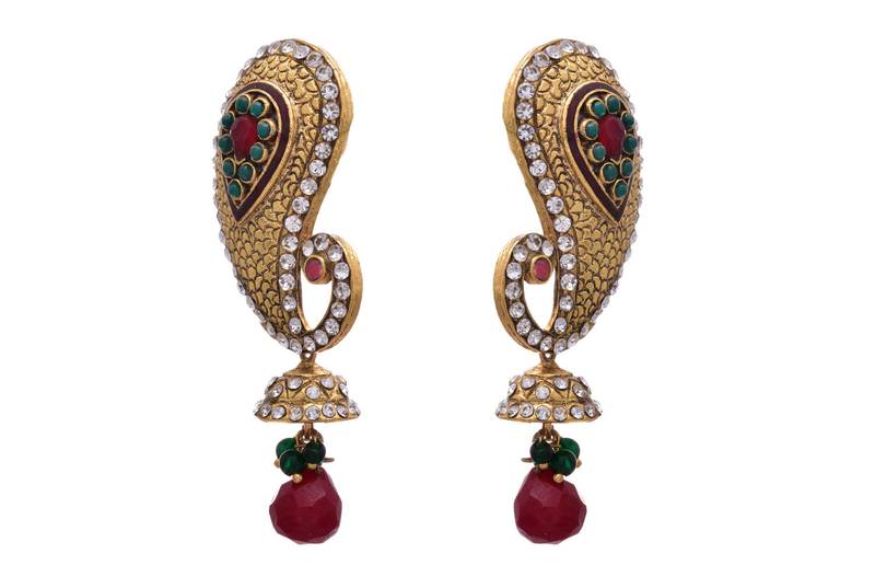 Red,green gold plated diamond danglers drops