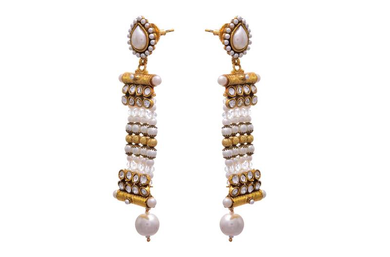 JFL - Pretty Designer One Gram Gold Plated White Pearl Polki Earring
