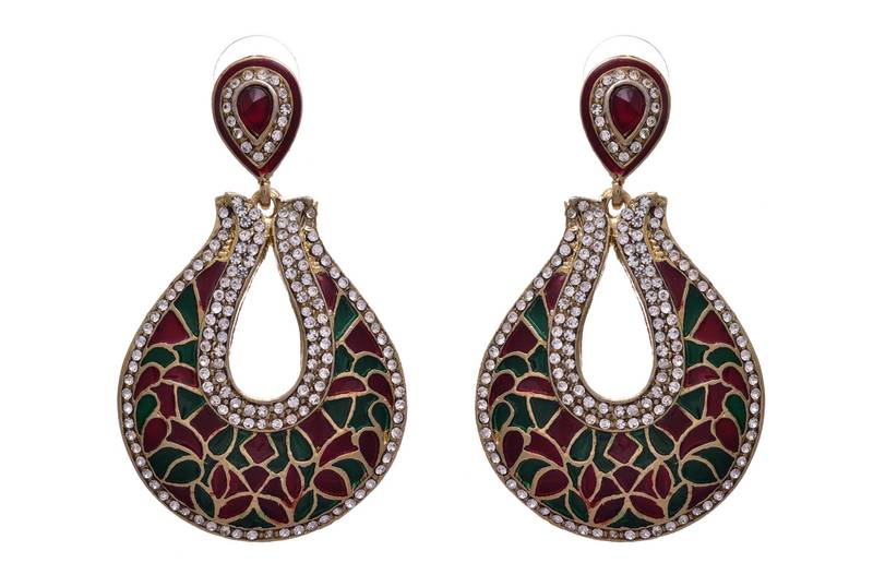 JFL- Exquisite Designer Red & Green One Gram Gold Plated Meenakari Austrian Diamond Earring