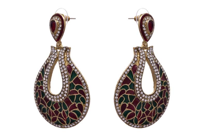 JFL- Exquisite Designer Red & Green One Gram Gold Plated Meenakari Austrian Diamond Earring