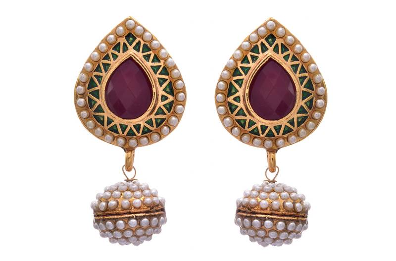 Red, green gold plated pearl earrings