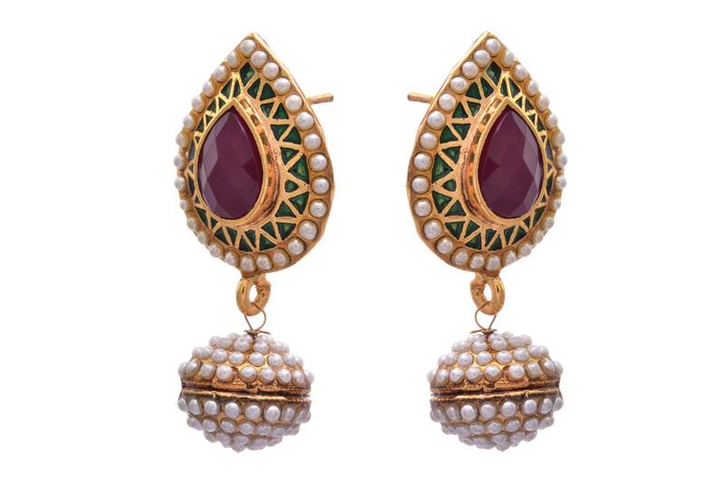Red, green gold plated pearl earrings