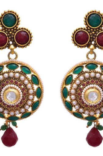 Red,green gold plated pearl danglers drops