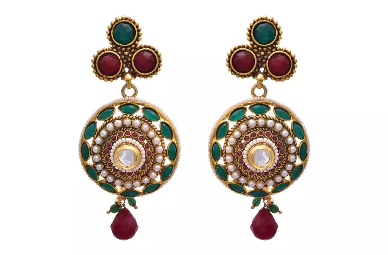 Red,green gold plated pearl danglers drops