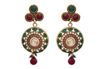 Red,green gold plated pearl danglers drops 1