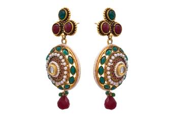 Red,green gold plated pearl danglers drops 2