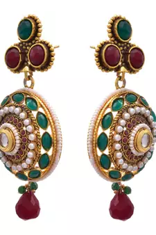 Red,green gold plated pearl danglers drops