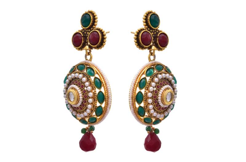 Red,green gold plated pearl danglers drops