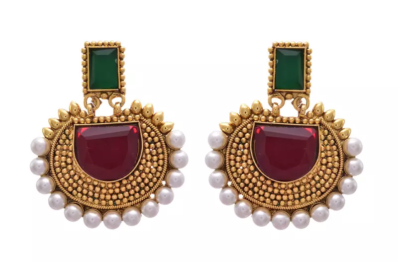 Red, green gold plated pearl earrings
