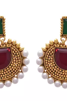 Red, green gold plated pearl earrings