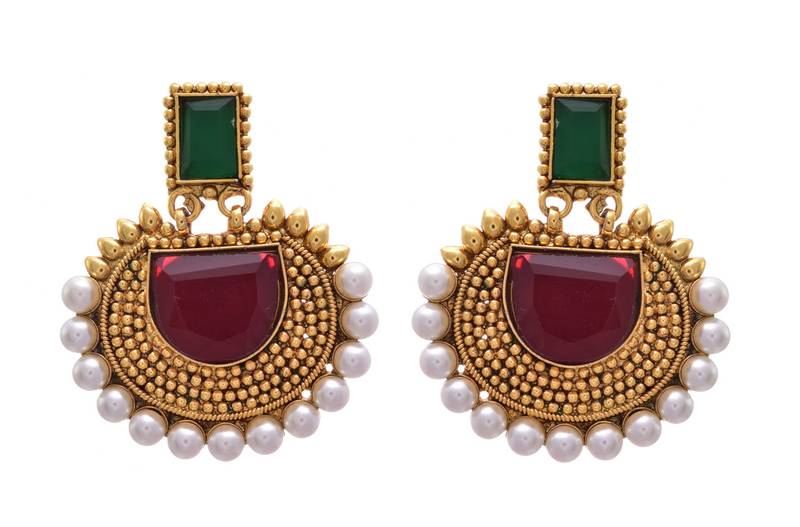 Red, green gold plated pearl earrings