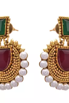 Red, green gold plated pearl earrings