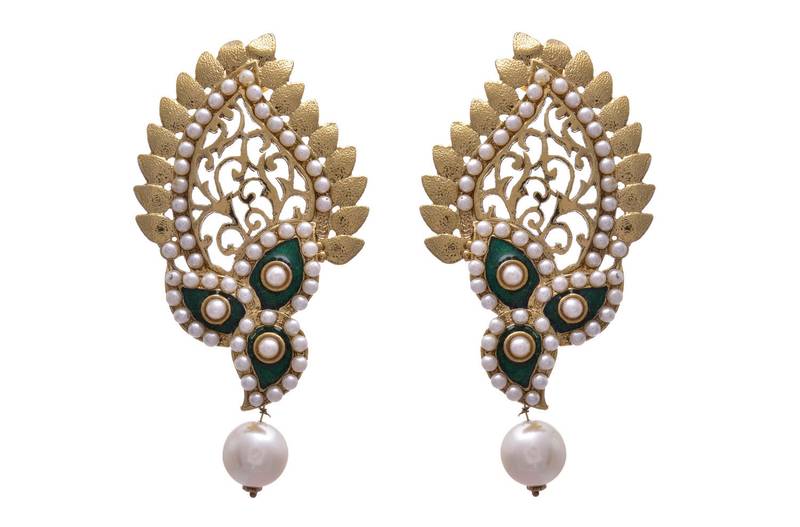 Green gold plated pearl danglers drops