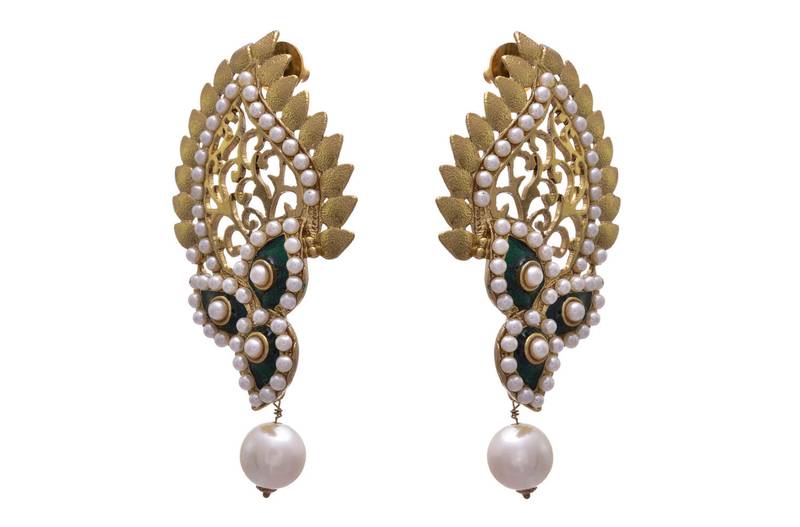 Green gold plated pearl danglers drops
