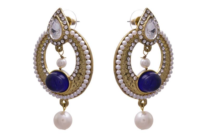 Blue gold plated pearl danglers drops