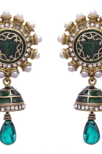 JFL - Bold Designer One Gram Gold Plated Green Pearls Diamond Earrings with Dangler