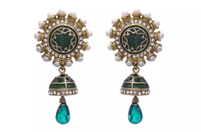 JFL - Bold Designer One Gram Gold Plated Green Pearls Diamond Earrings with Dangler