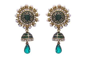 JFL - Bold Designer One Gram Gold Plated Green Pearls Diamond Earrings with Dangler 1