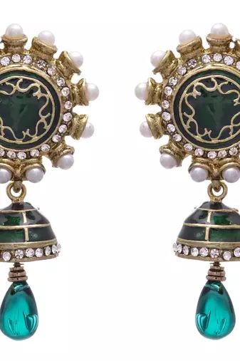 JFL - Bold Designer One Gram Gold Plated Green Pearls Diamond Earrings with Dangler