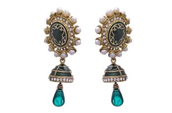 JFL - Bold Designer One Gram Gold Plated Green Pearls Diamond Earrings with Dangler 2