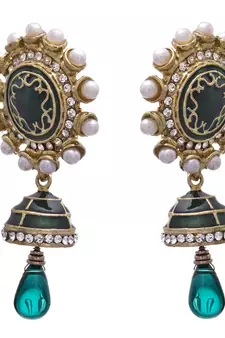 JFL - Bold Designer One Gram Gold Plated Green Pearls Diamond Earrings with Dangler