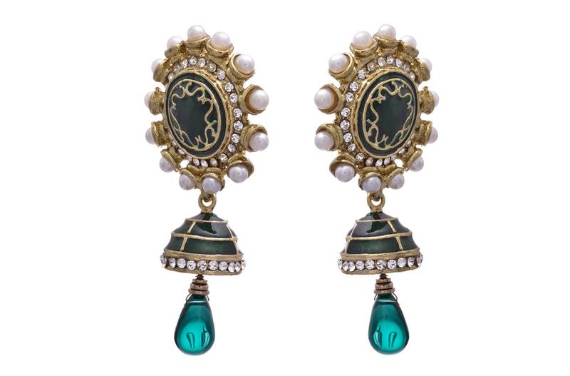 JFL - Bold Designer One Gram Gold Plated Green Pearls Diamond Earrings with Dangler