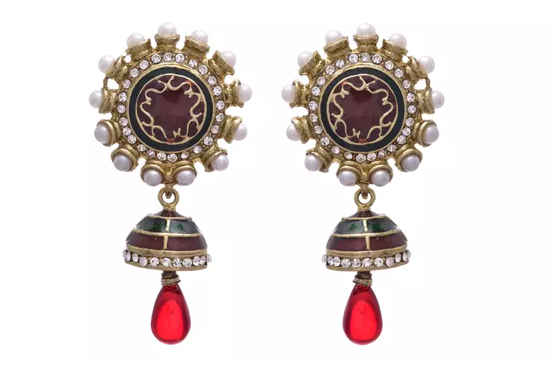 Red,green gold plated pearl danglers drops