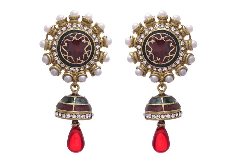 Red,green gold plated pearl danglers drops