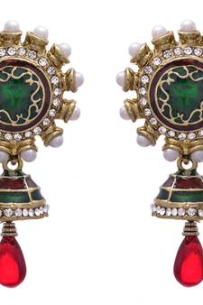 JFL - Bold Designer One Gram Gold Plated Green Pearls Diamond Earrings