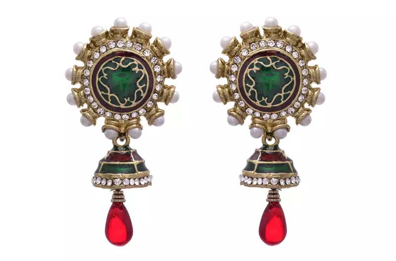 JFL - Bold Designer One Gram Gold Plated Green Pearls Diamond Earrings