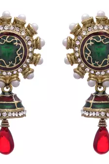 JFL - Bold Designer One Gram Gold Plated Green Pearls Diamond Earrings