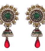 JFL - Bold Designer One Gram Gold Plated Green Pearls Diamond Earrings