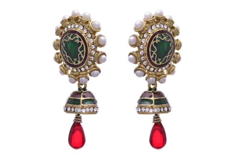 JFL - Bold Designer One Gram Gold Plated Green Pearls Diamond Earrings