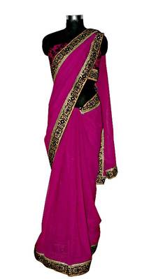 Wine Faux Georgette saree with Border and Conceptual Blouse 1