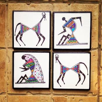 Colourful handmade, handpainted Tea Coasters With Warli Art in Madhubani style (Set of 4) 1