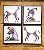 Colourful handmade, handpainted Tea Coasters With Warli Art in Madhubani style (Set of 4)