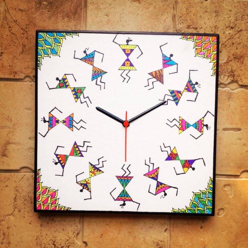 Colourful Handmade Hand Painted Warli Wall Clock in Madhubani style