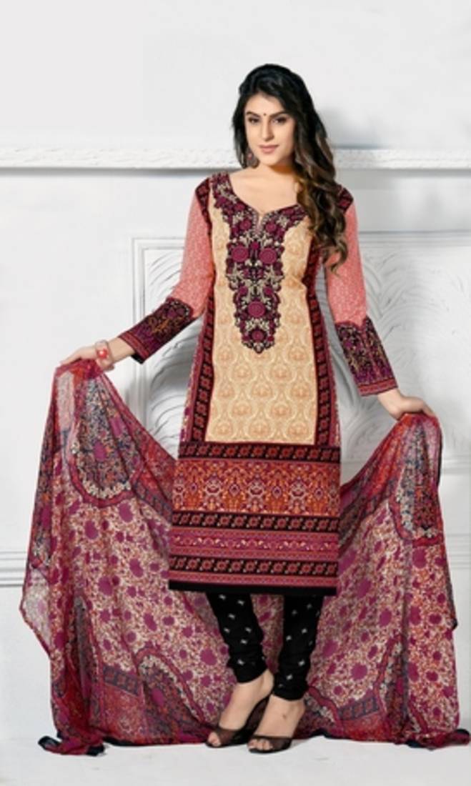 Multicolour printed cotton unstitched salwar with dupatta