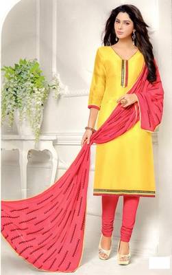 Yellow Chanderi Silk Unstitched Salwar With Dupatta 1