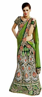 Designer Velvet Fabric  Green Colored Embroidered Lahenga Choli 2