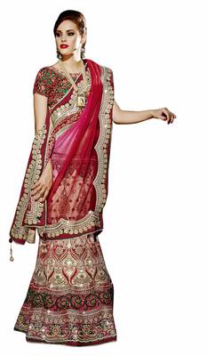 Designer Net Fabric  Red Colored Embroidered Lahenga Saree 2