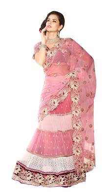 Designer Net Fabric  Pink Colored Embroidered Lahenga Saree 1