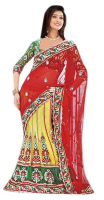 Designer Net Fabric  Red Colored Embroidered Lahenga Saree 1