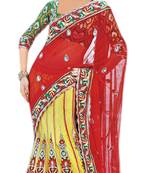 Designer Net Fabric  Red Colored Embroidered Lahenga Saree