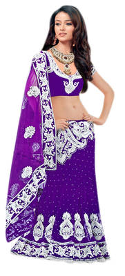 Designer Net Fabric  Purple Colored Embroidered Lahenga Saree 1