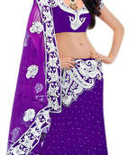 Designer Net Fabric  Purple Colored Embroidered Lahenga Saree