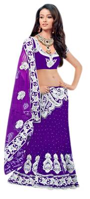 Designer Net Fabric  Purple Colored Embroidered Lahenga Saree 2