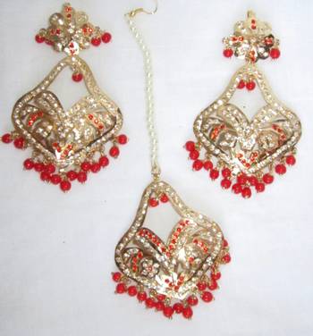 Jadau Maang Tika Earrings Chand Bali Red Orange  Old Plated 1