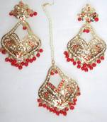 Jadau Maang Tika Earrings Chand Bali Red Orange  Old Plated