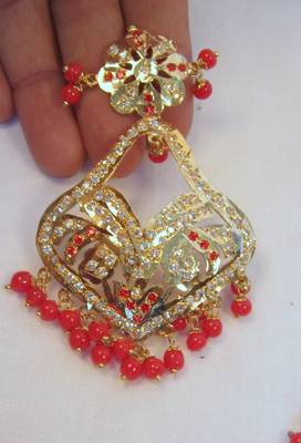 Jadau Maang Tika Earrings Chand Bali Red Orange  Old Plated 2